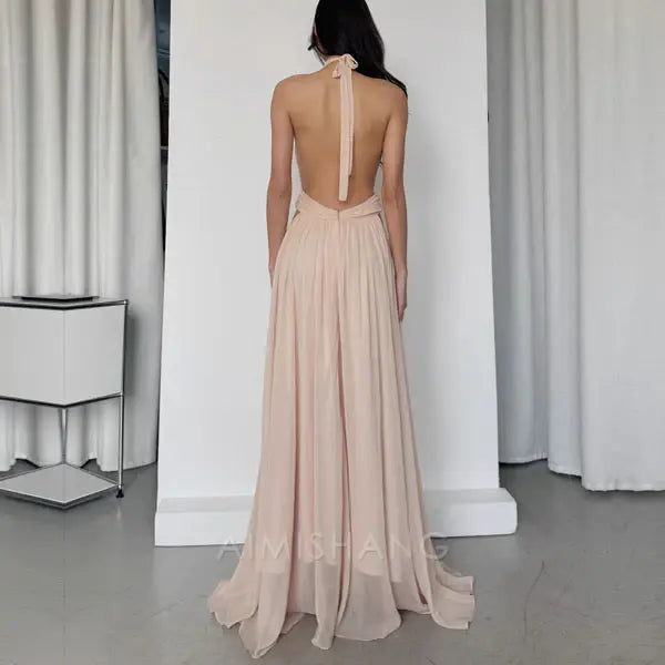 Aimishang Elegant Open Back V Neck Flowy Halter Long Prom Dress Sexy Evening Party Dress Fashion Women's Dresses