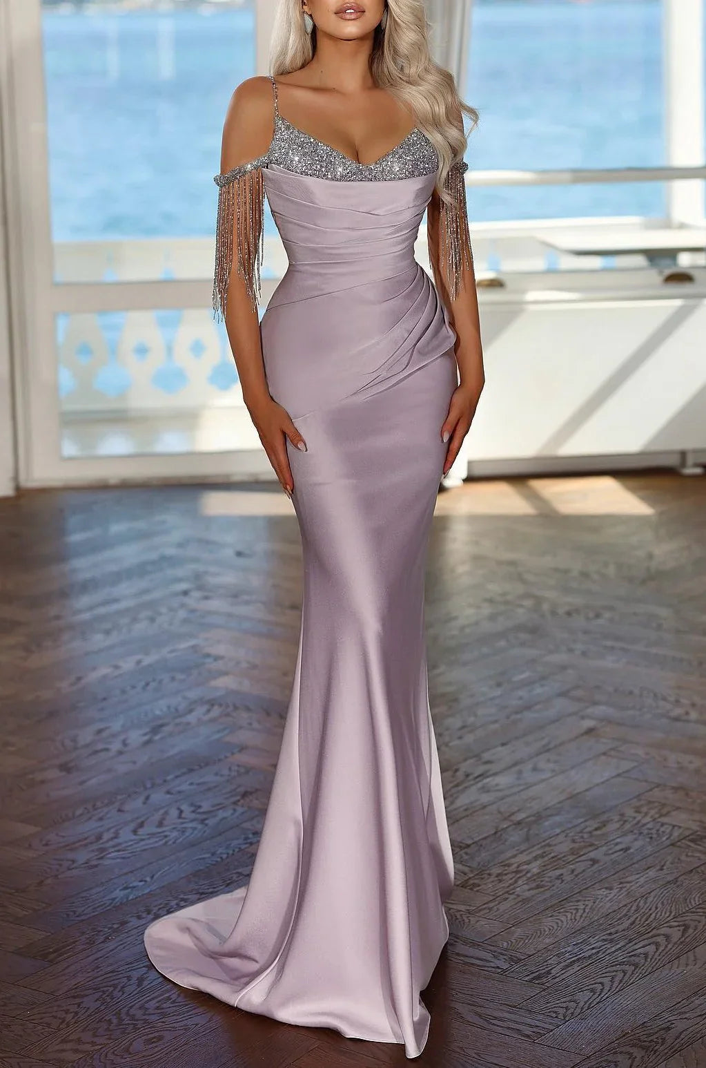 Aimishang Elegant Lavender Long Evening Dress Spaghetti Strap With Pleated Sequins Tassel Sexy Wholesale