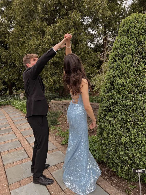 Light Blue V Neck Straps Lovely Mermaid Long Prom Dress Sparkly Evening Dress Wholesale