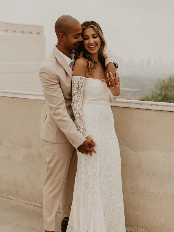 Elegant Lace Off-the-shoulder Neckline Mermaid Wedding Dresses Floor Length Beautiful