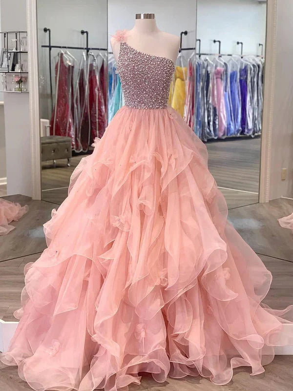 Aimishang One-shoulder Tulle Beaded Flower A-line Prom Dresses Floor Length Beautiful Wholesale