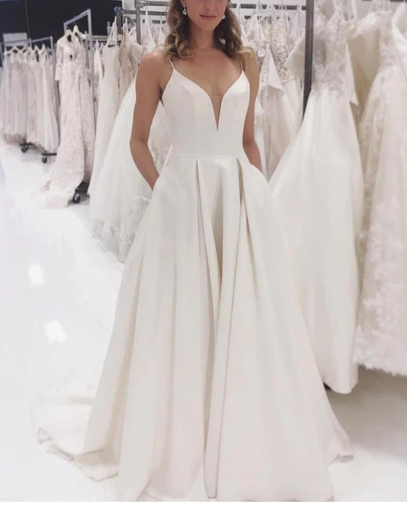 Spaghetti Straps A-line Wedding Dresses Simple Satin Bridal Gowns Floor Length Sexy Wholesale