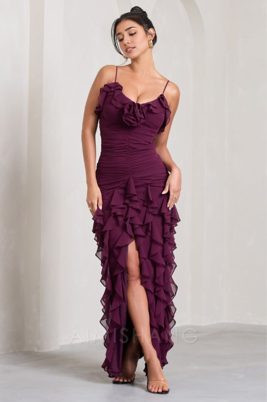Aimishang Elegant Gowns Evening Dresses Spaghetti Straps Chiffon Ruffle Evening Party Dress
