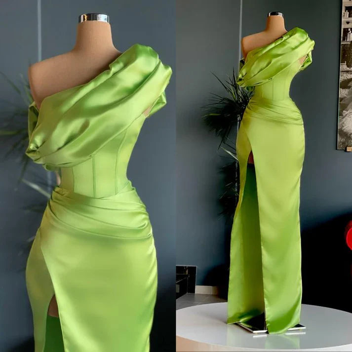Wholesale Green Elegant One Shoulder Long Evening Prom Dress with High Slit Charming Party Dress
