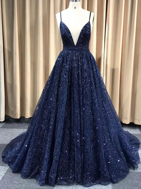 Sparkly Spaghetti Straps Sweep Train Lace A-line Long Prom Dresses V-neck Sexy Evening Dress Wholesale