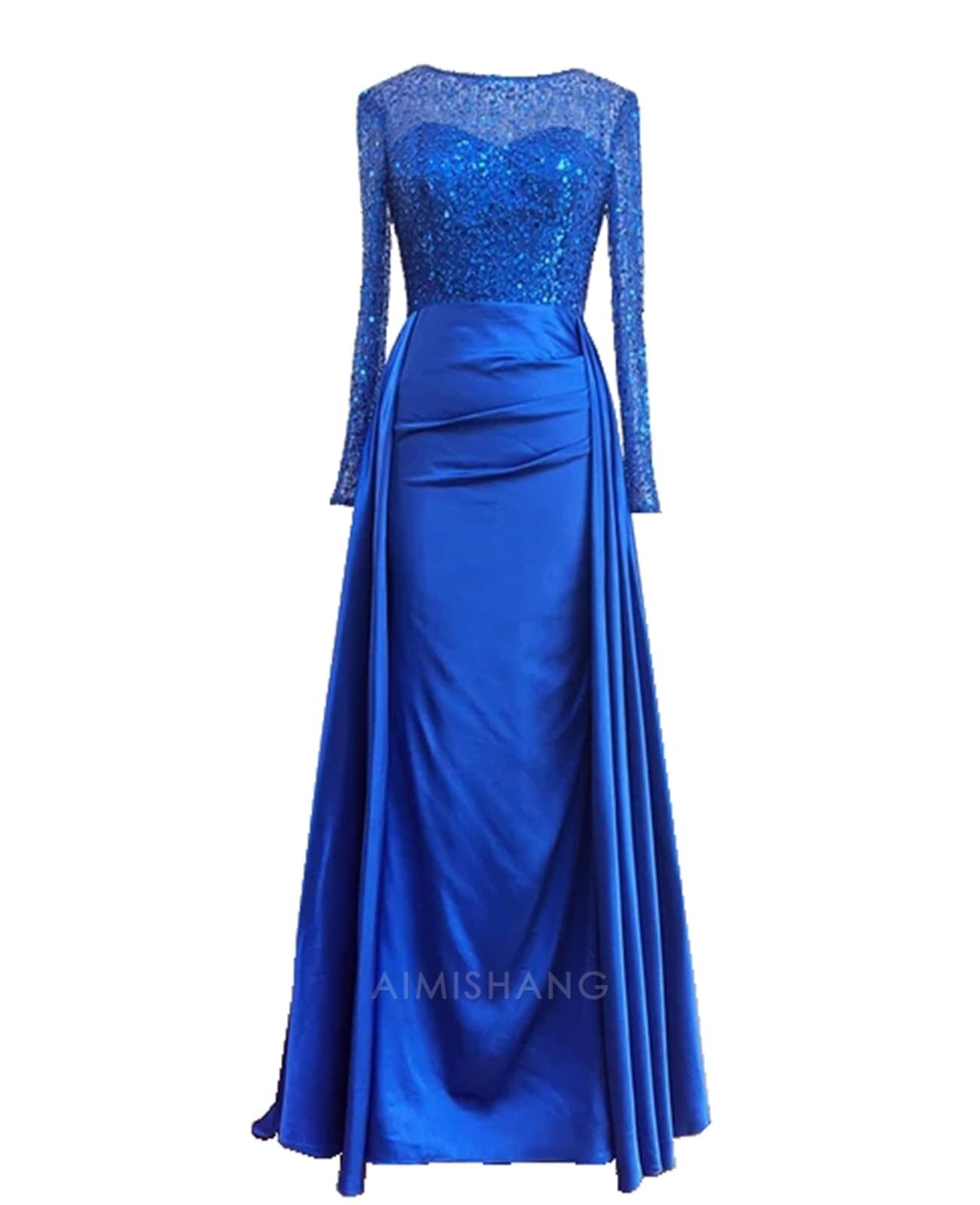 Aimishang Mermaid Sequin Evening Gown Ruched Satin Dress Long Sleeves Floor Length Sparkle Illusion Neck Fall Wedding Guest Dress with Pearls Overskirt