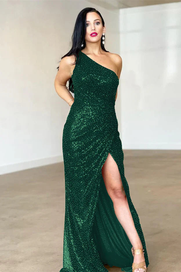Burgundy One Shoulder Split Mermaid Evening Dress With Backless Sparkly Party Dress Wholesale