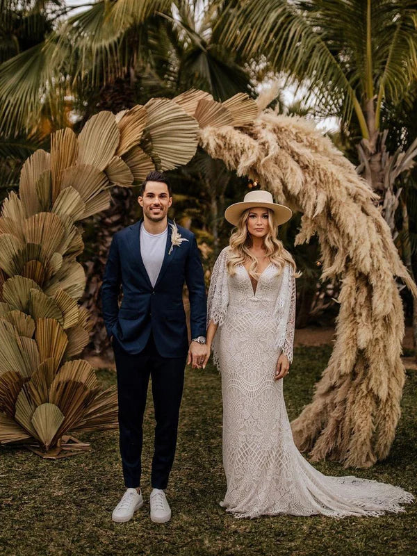 Wonderful Deep V-neck Lace Bat Sleeve Wedding Dresses With Sweep Train Sexy Charming