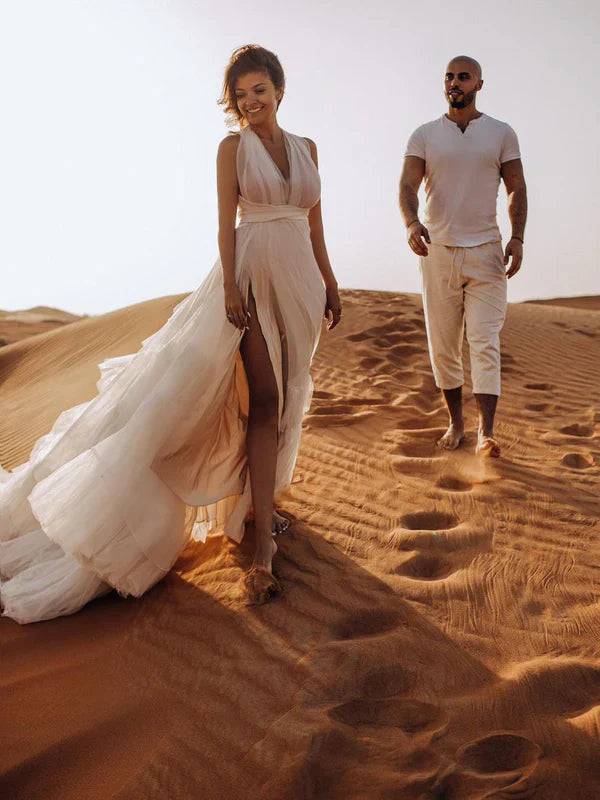 Amazing A-line Chapel Train Tulle Simple Wedding Dresses With Slit Sexy