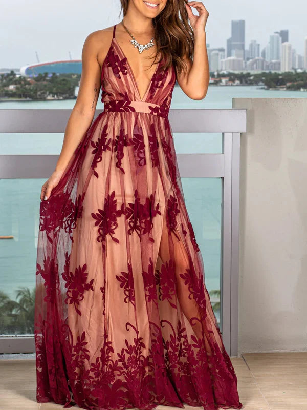 Spaghetti Straps Lace A-line Prom Dresses With Slit V-neck Sexy Evening Dress Formal Dress Wholesale