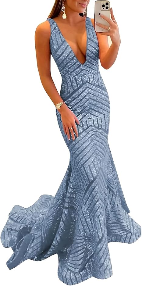 Aimishang Dress Wholesale Sequin Mermaid Prom Dresses Long Sparkly Evening Gown Deep V Neck Backless Formal Party Gowns