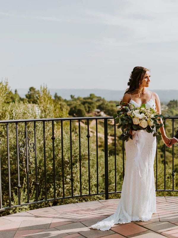 Simple Lace Spaghetti Straps V-Neck Sheath Wedding Dress Floor Length Elegant