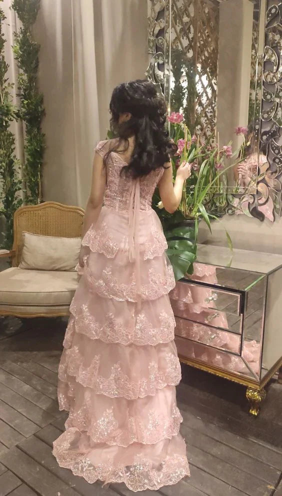 Aimishang Sweet Pink Strapls Lace Tiered Long Prom Dress Evening Gown Charming Wholesale