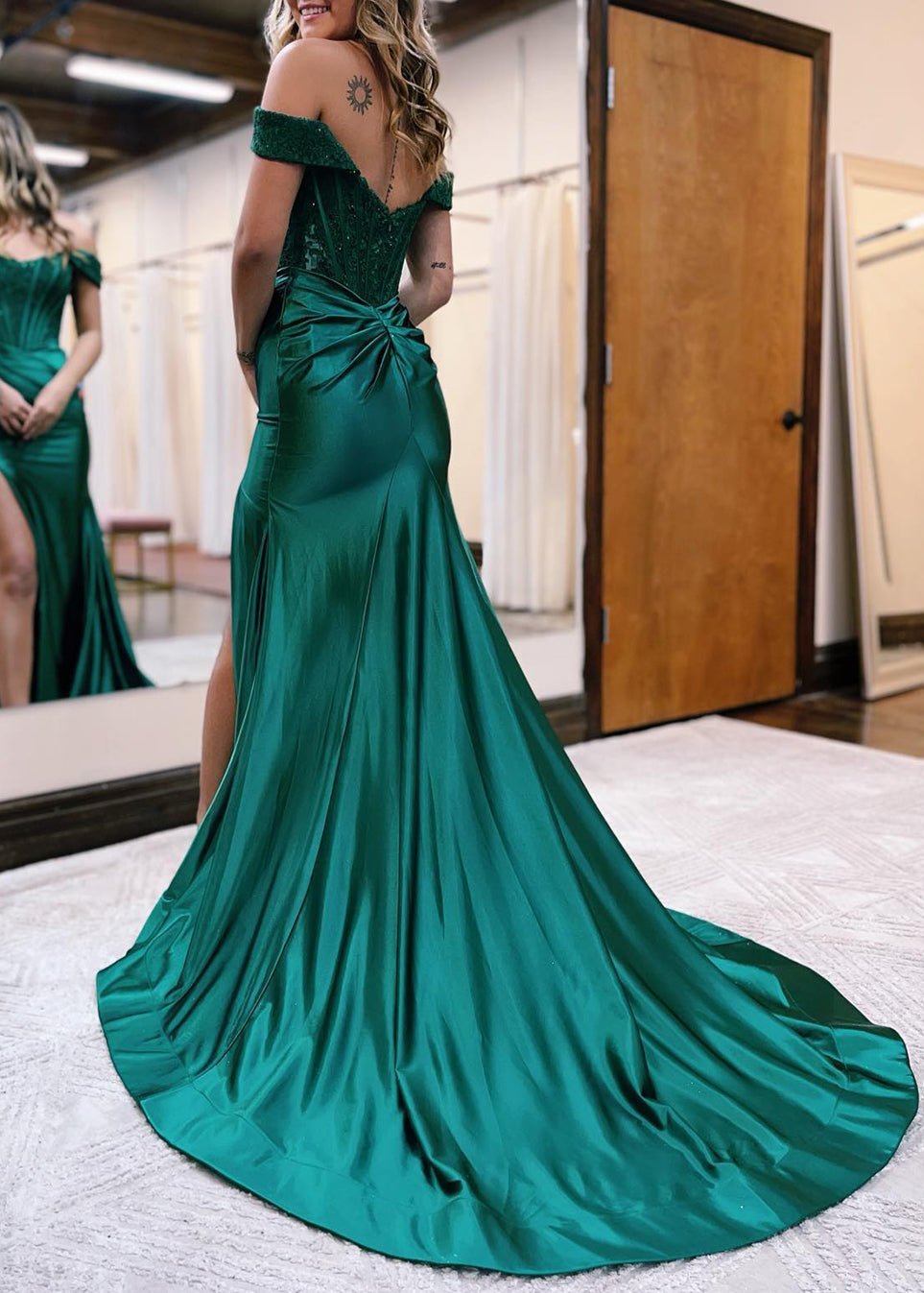 Mermaid Off the Shoulder Satin Prom Dress with Slit