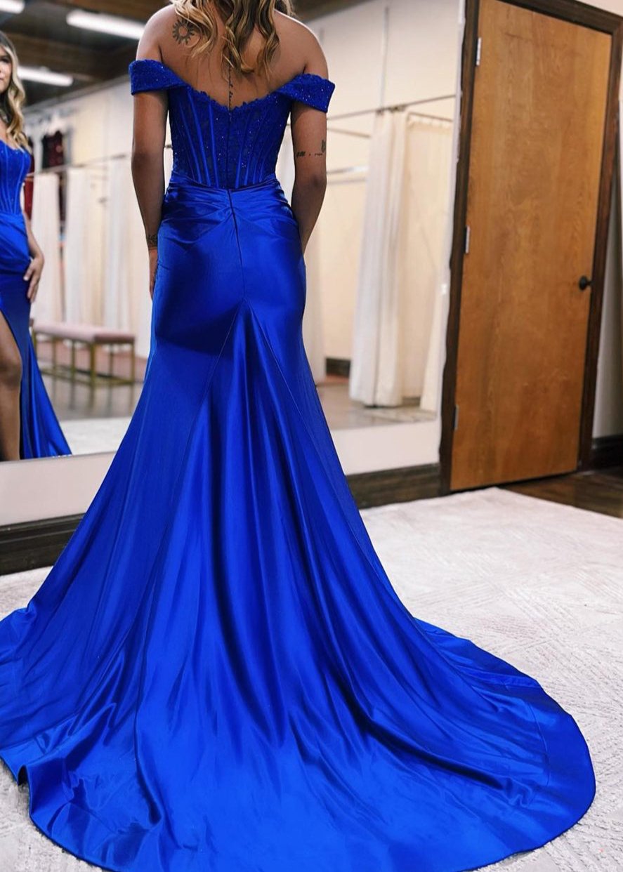 Mermaid Off the Shoulder Satin Prom Dress with Slit