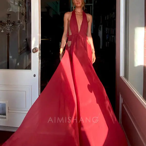 Aimishang Elegant Open Back V Neck Flowy Halter Long Prom Dress Sexy Evening Party Dress Fashion Women's Dresses