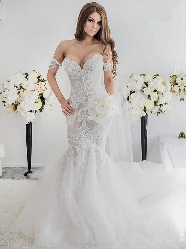 Charming Sweetheart Mermaid Wedding Dresses With Appliques Off Shoulder Floor Length Elegant