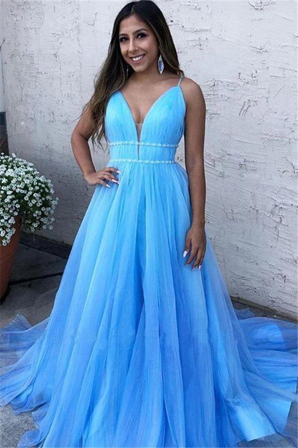 Sky Blue Tulle Long Evening Dress V-neck Floor Length Prom Dress Sexy Wholesale