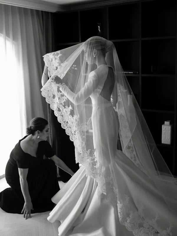 Grace Satin Long Sleeves Chapel Train Backless Mermaid Wedding Dress Simple Elegant