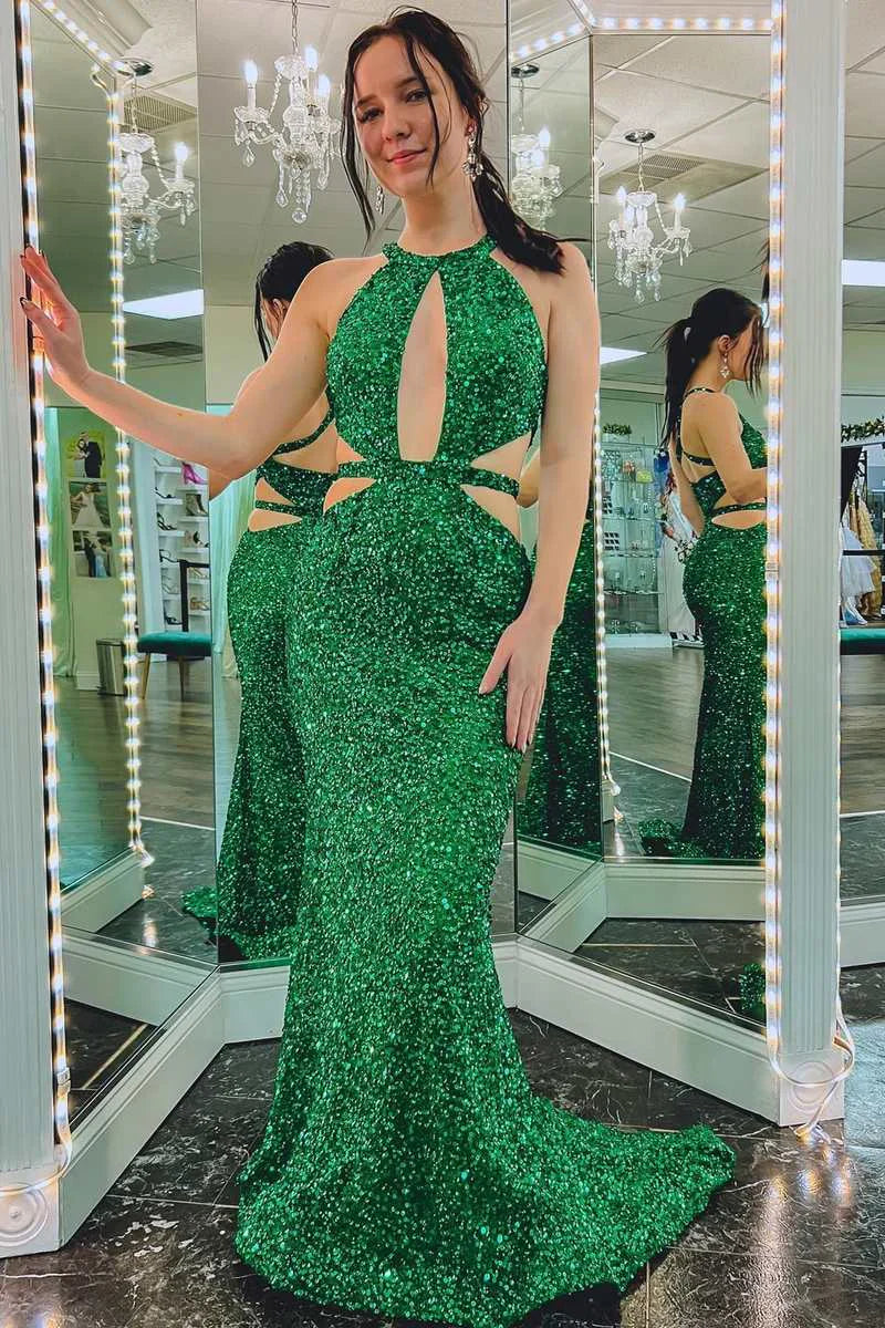 Wholesale Green Sequin Keyhole Cutout Mermaid Long Formal Dress Charming Evening Party Dress
