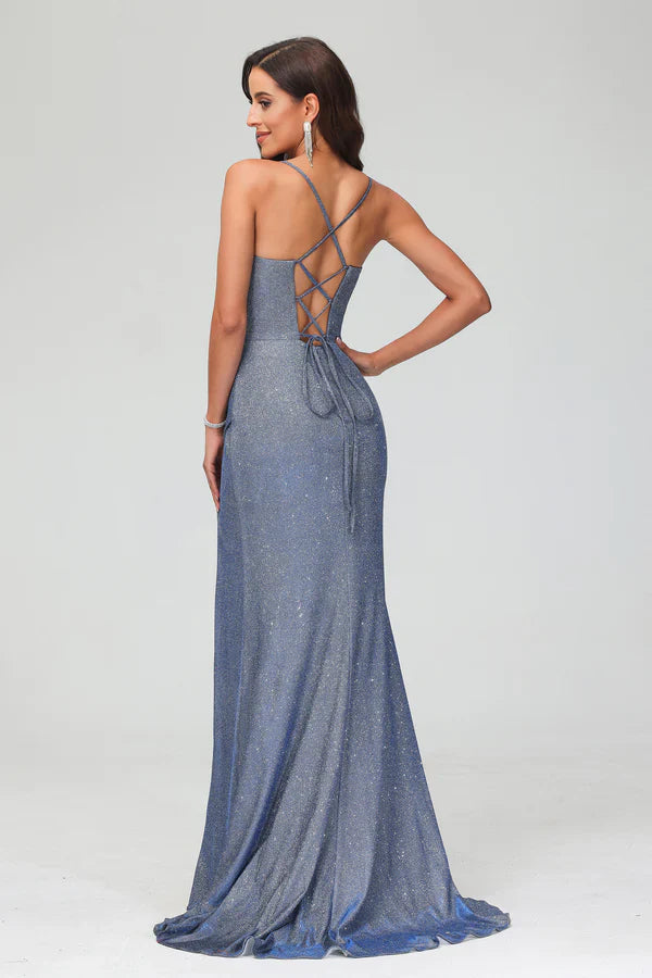 Aimishang Elegant Sleeveless Pleated Sheath Glitter Sweep Train Gown With High Slit