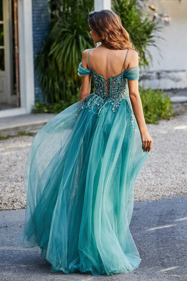 Aimishang Elegant Jade A-Line Prom Dresses Off Shoulder Sweep Train Tulle Dress Evening Dress