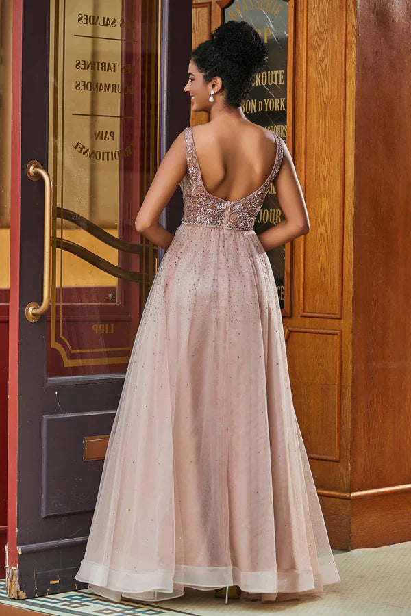 Aimishang Elegant Dusty-Rose Evening Dress Beaded Rhinestone A-Line Floor-Length Prom Dresses