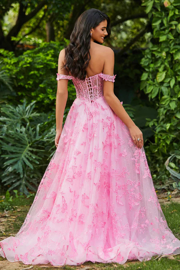 Aimishang Elegant Prom Dresses Strapless Butterfly Applique Sweep Train Gown With Slit