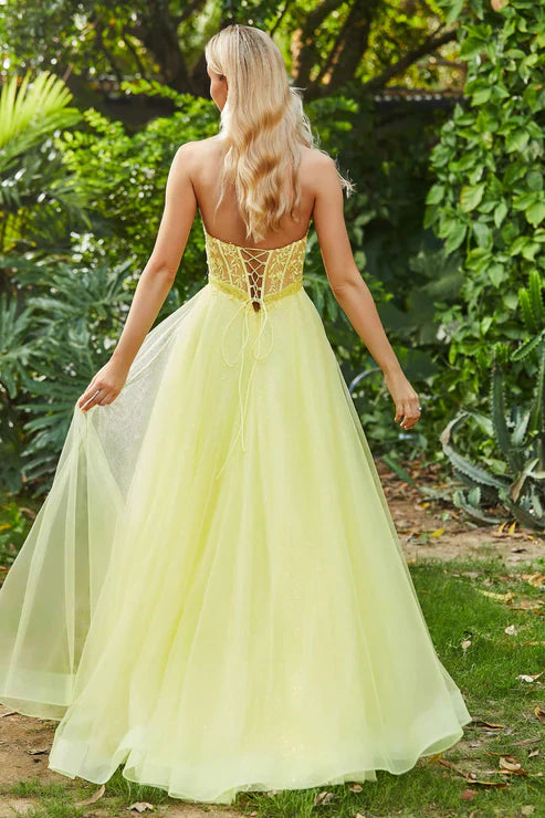 Aimishang Elegant Prom Dresses Strapless Corset Top Beaded Applique Slit Tulle Dress