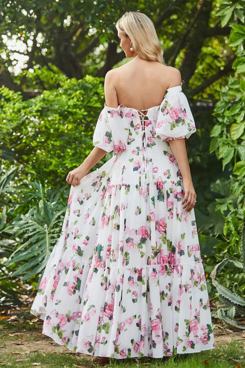 Aimishang Elegant Prom Dresses Off Shoulder Flowers Ruffled Chiffon Long Dress