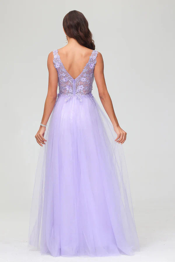 Aimishang A Line Prom Dresses Applique V Neck Evening Dress Beaded Tulle Floor Length Dress