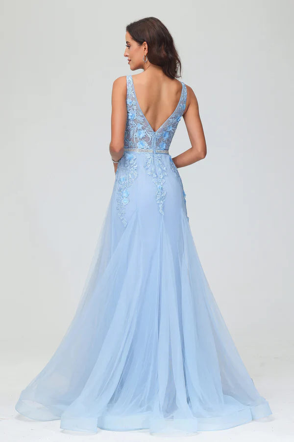 Aimishang Elegant Prom Dresses Sleeveless Deep V-neck A-Line Sweep Train Tulle Gown