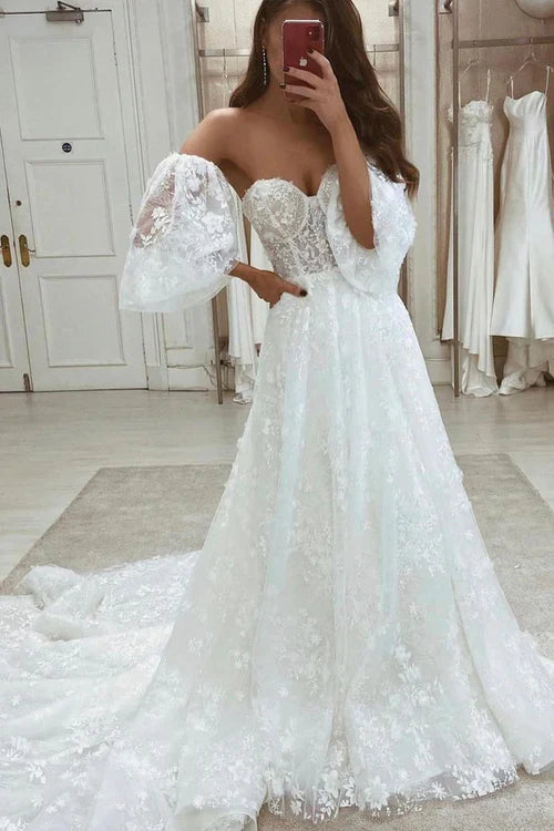 Aimishang Elegant Half Sleeve A Line Lace Appliques Wedding Dresses Sweetheart Wedding Gowns