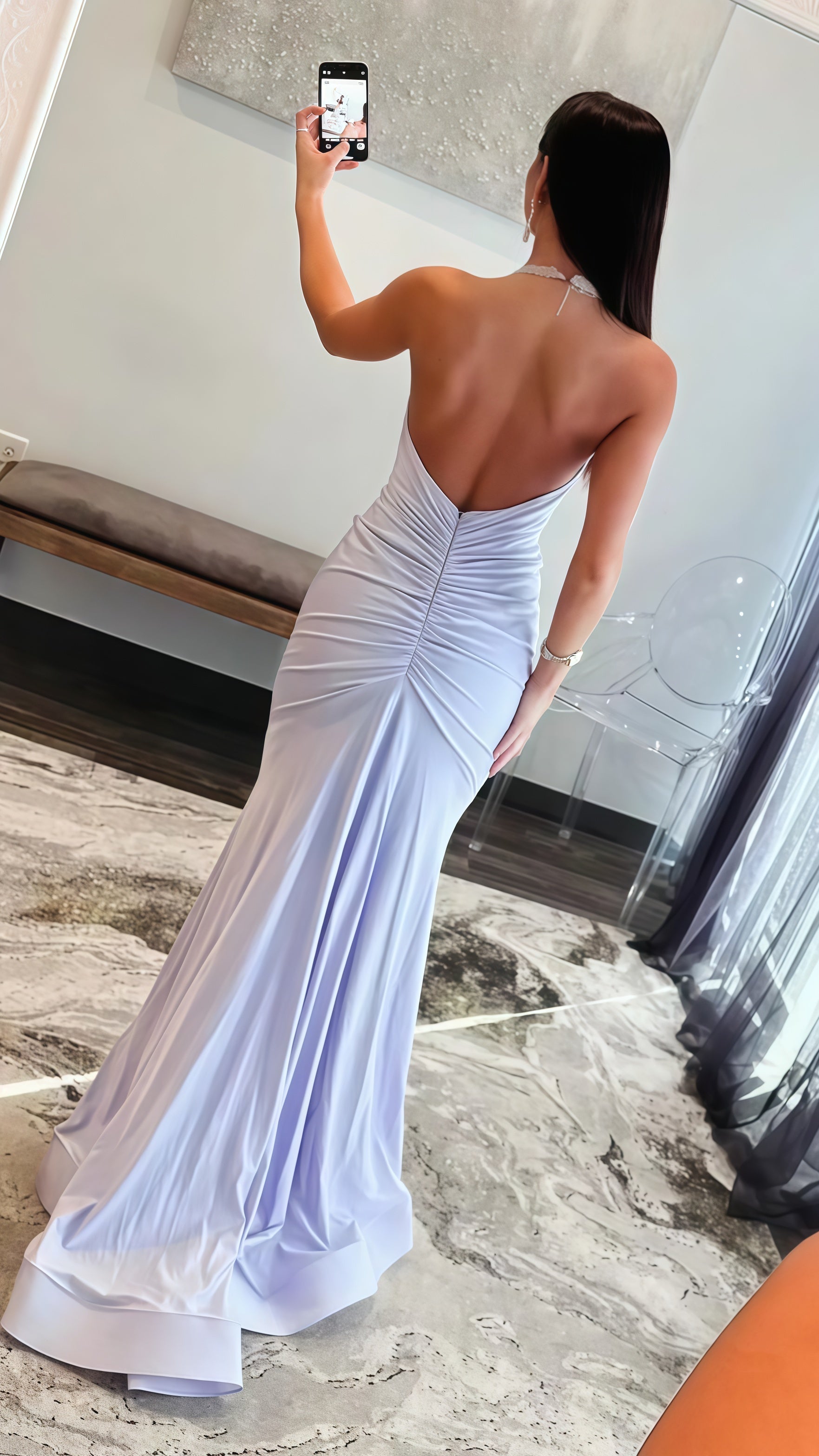 Halter Lilac Mermaid Prom Dress, Pearl Beaded Backless Glam Gown,AST1678