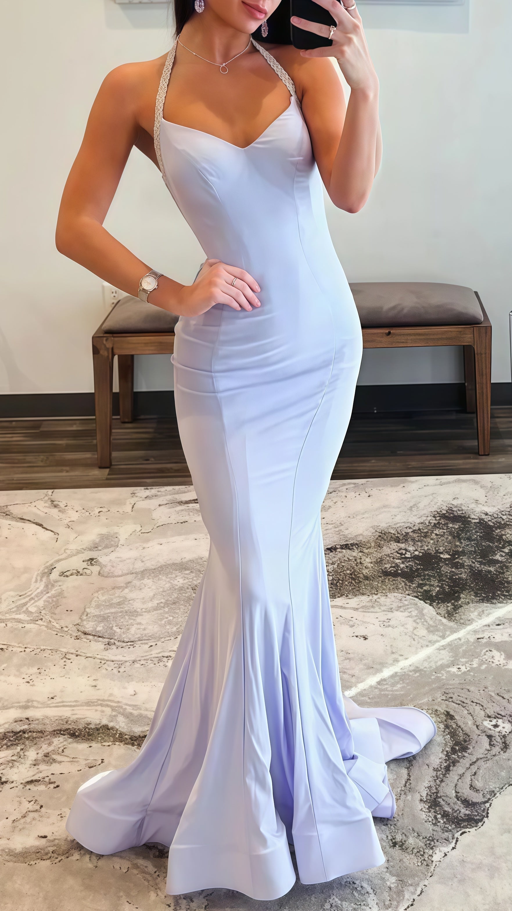 Halter Lilac Mermaid Prom Dress, Pearl Beaded Backless Glam Gown,AST1678