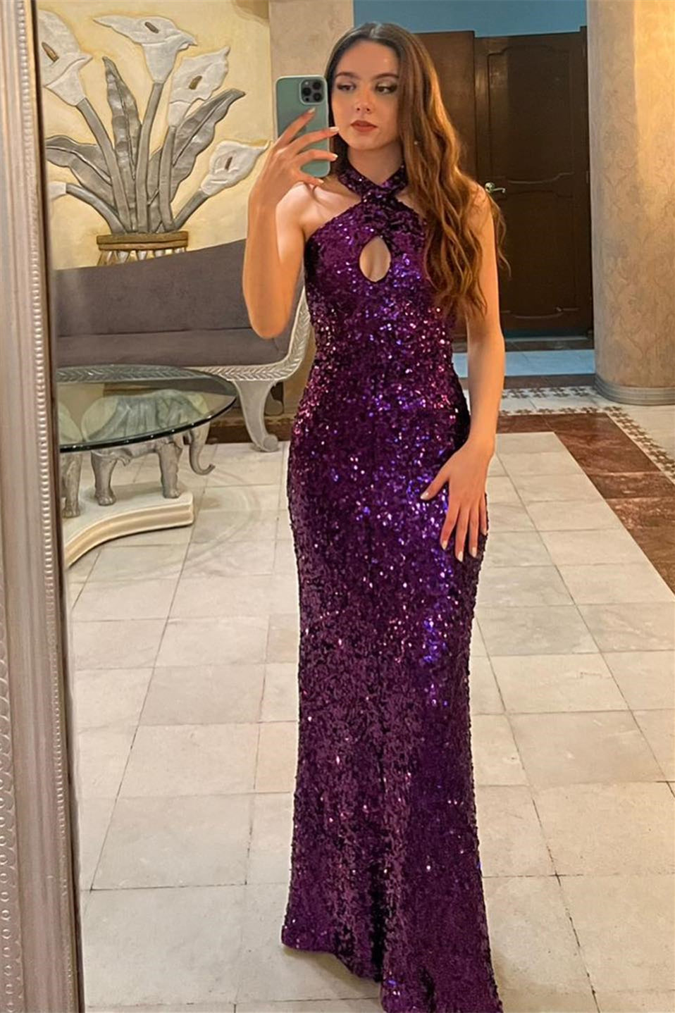 Halter Purple Fitted Prom Dresses Long Sequin