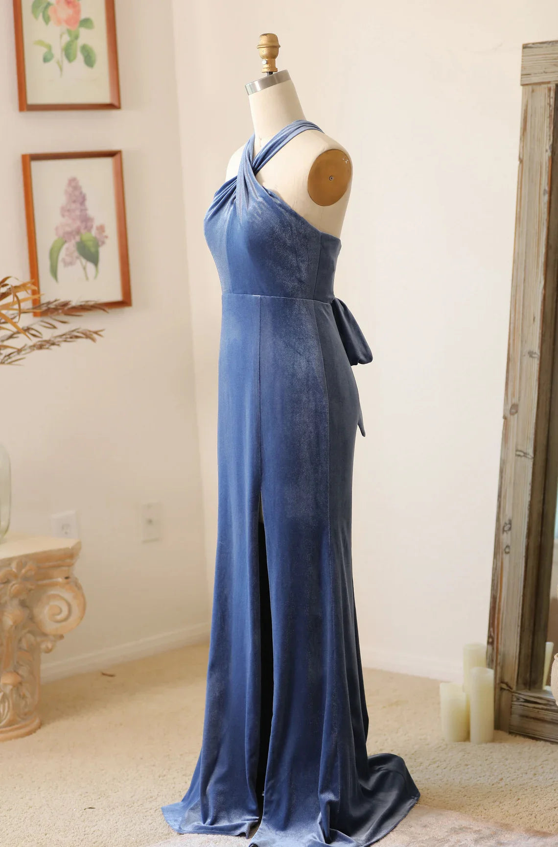Handmade Velvet Halter Bridesmaid Dress With Slit And Free Multiple Style Long Maxi Formal Gown