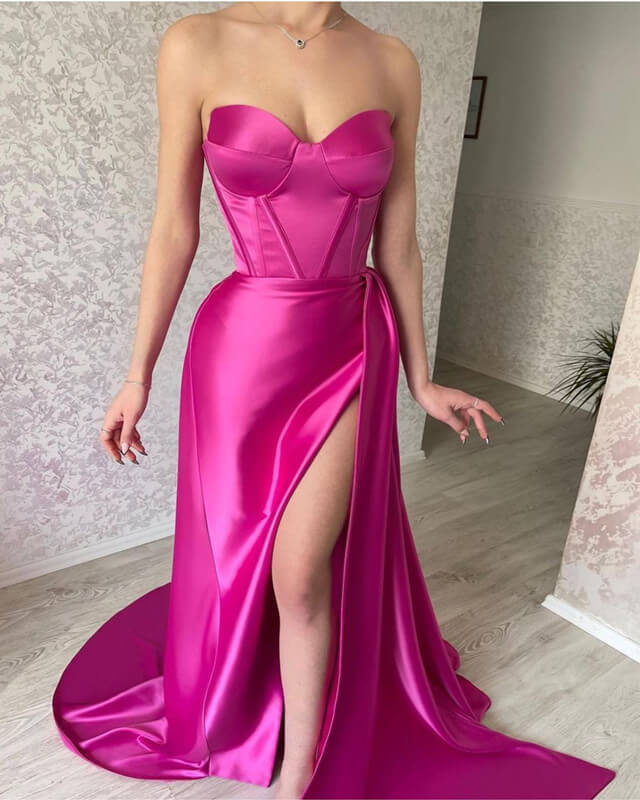 Long Strapless Satin Corset Dress With Slit