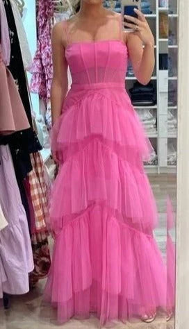 Aimishang Dress Wholesale Hot Pink Layered Ruffles Evening Gown A Line Tulle Long Prom Dress