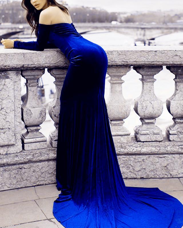 Long Sleeves Mermaid Velvet Prom Dress Off Shoulder Evening Gowns