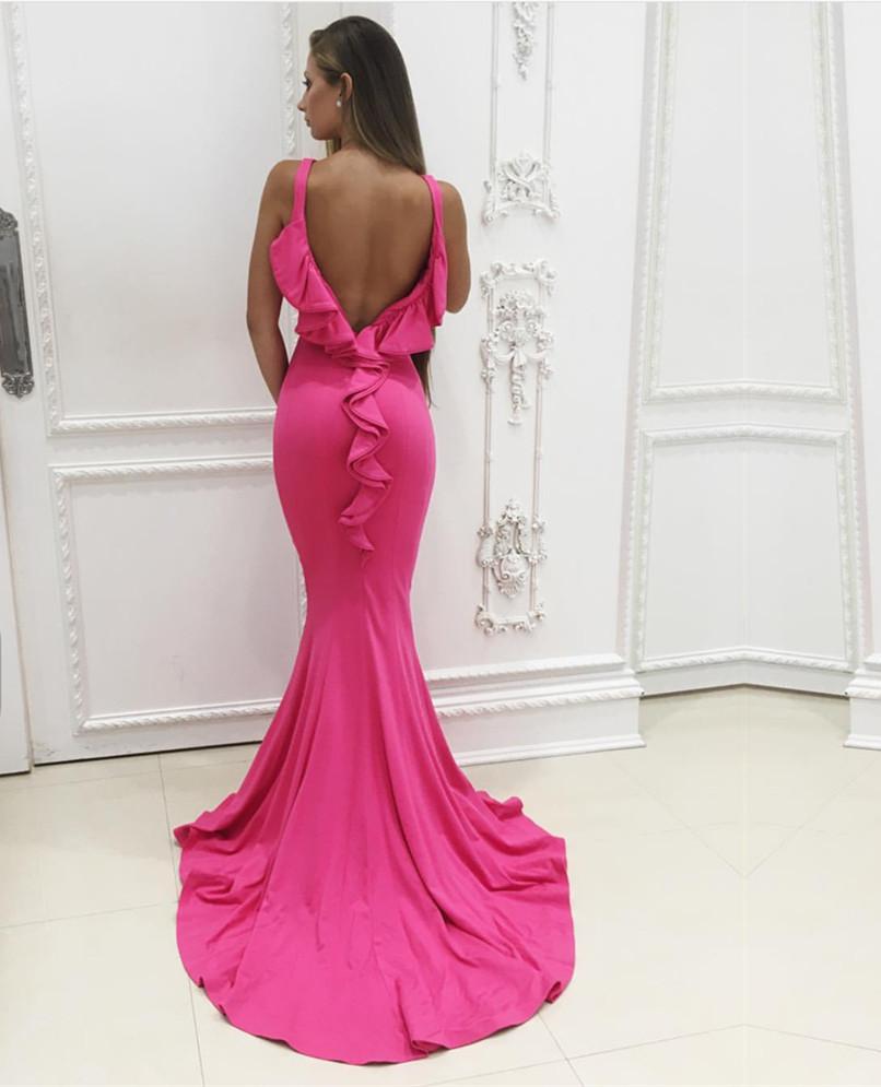 Pink Jersey Ruffle Back Mermaid Prom Dresses 2018 Formal Evening Gowns