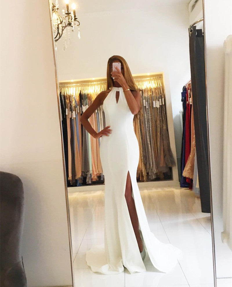 Ivory Satin Halter Mermaid Backless Evening Gowns Open Back Prom Dress