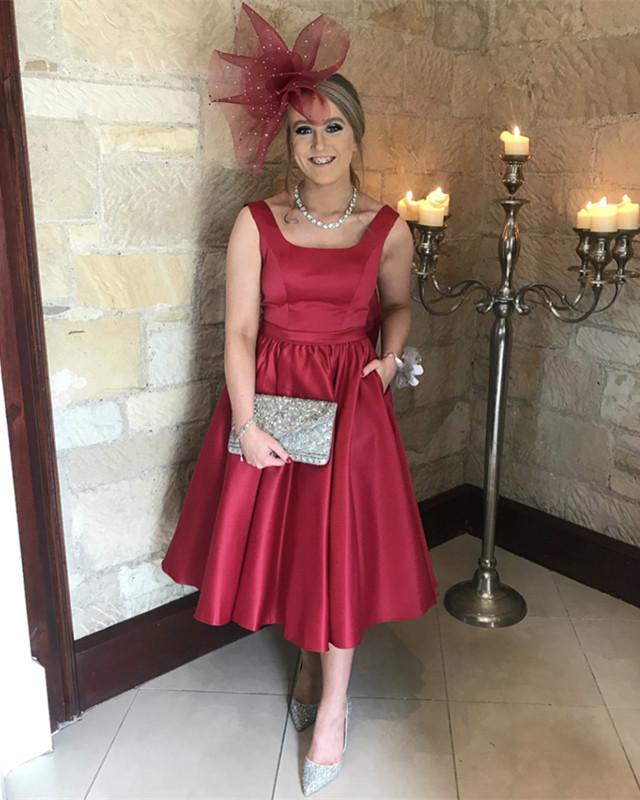 Elegant Bow Back Satin Spaghetti Straps Bridesmaid Dresses Tea Length