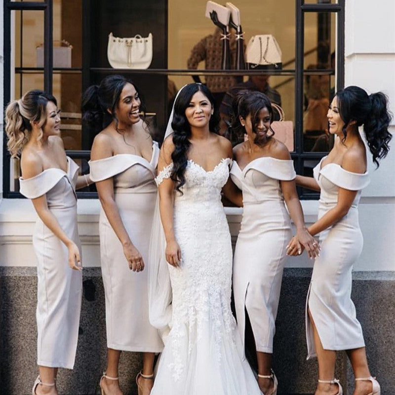Sexy Off The Shoulder V-neck Sheath Party Dress Tea Length Bridesmaid Dress