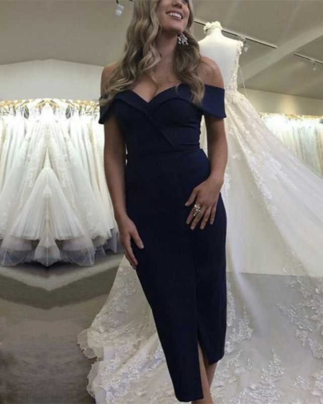 Sexy Off The Shoulder V-neck Sheath Party Dress Tea Length Bridesmaid Dress