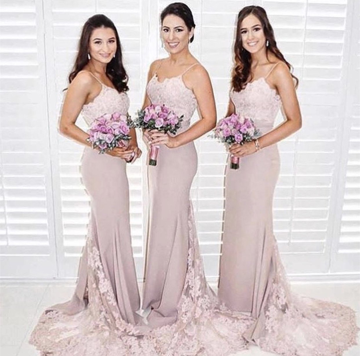 Spaghetti Straps V-neck Long Mermaid Bridesmaid Dresses Lace Appliques