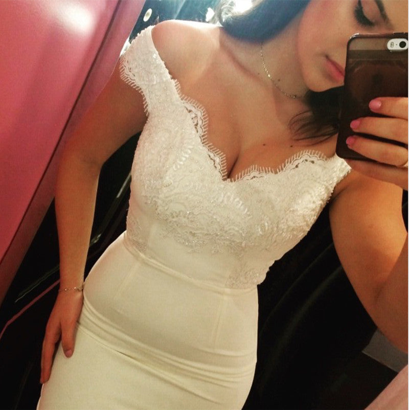 White Lace Appliques Off The Shoulder Mermaid Court Train Bridesmaid Dresses