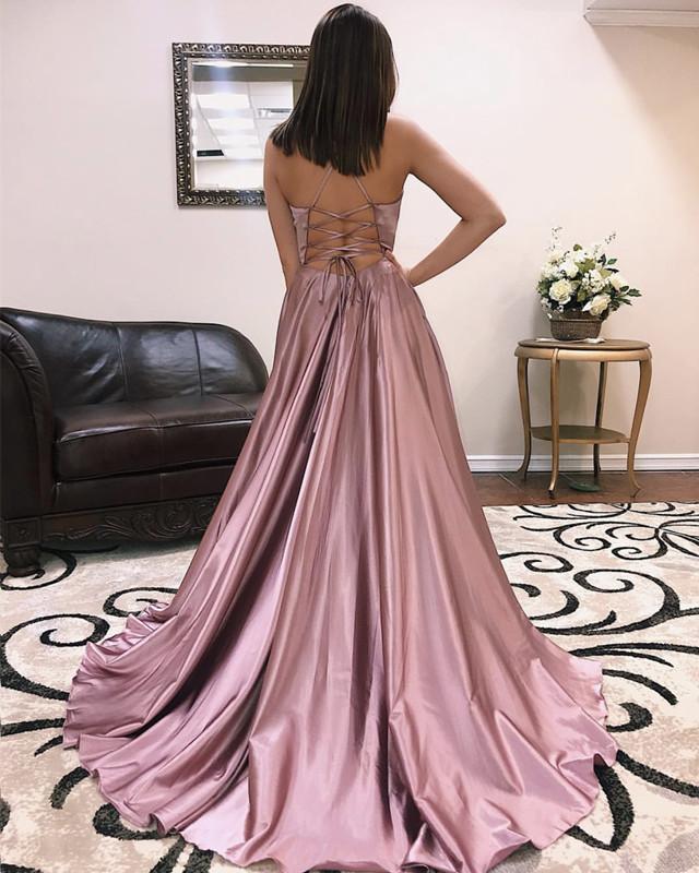 Long Sexy V-neck Cross Back Satin Prom Dresses 2019