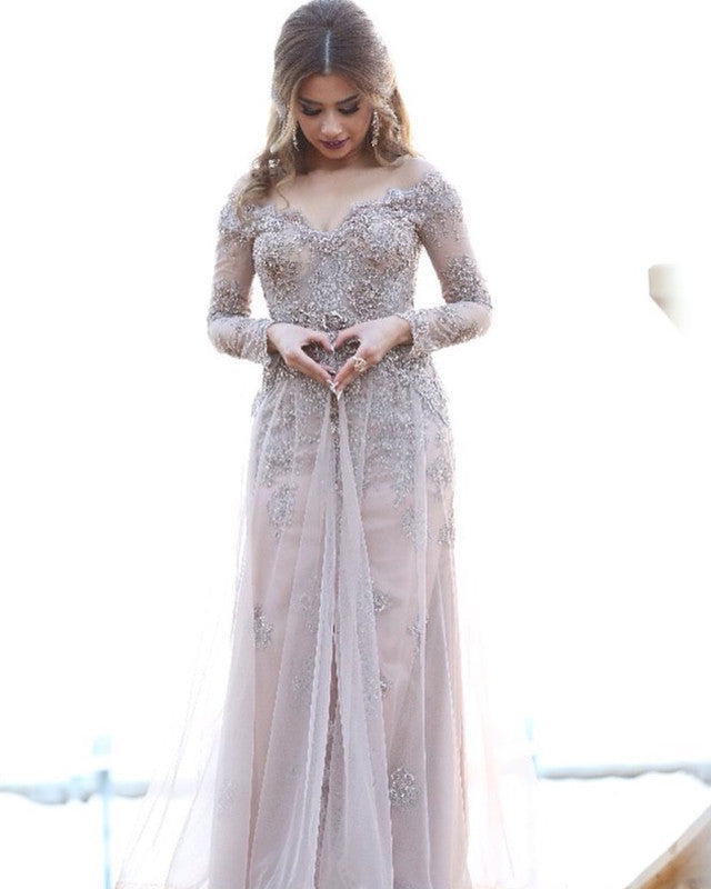 Gray Lace Appliques Long Sleeves Mermaid Off Shoulder Evening Dress With Split