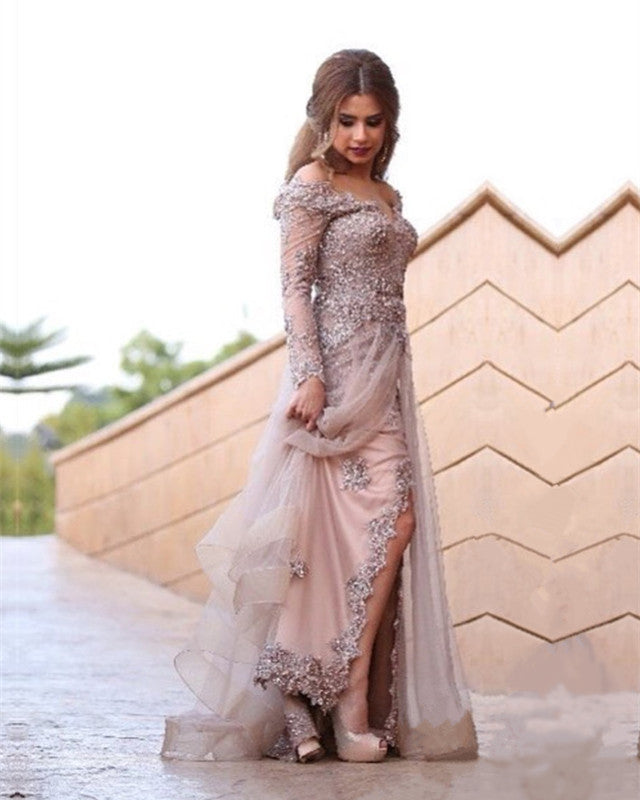 Gray Lace Appliques Long Sleeves Mermaid Off Shoulder Evening Dress With Split